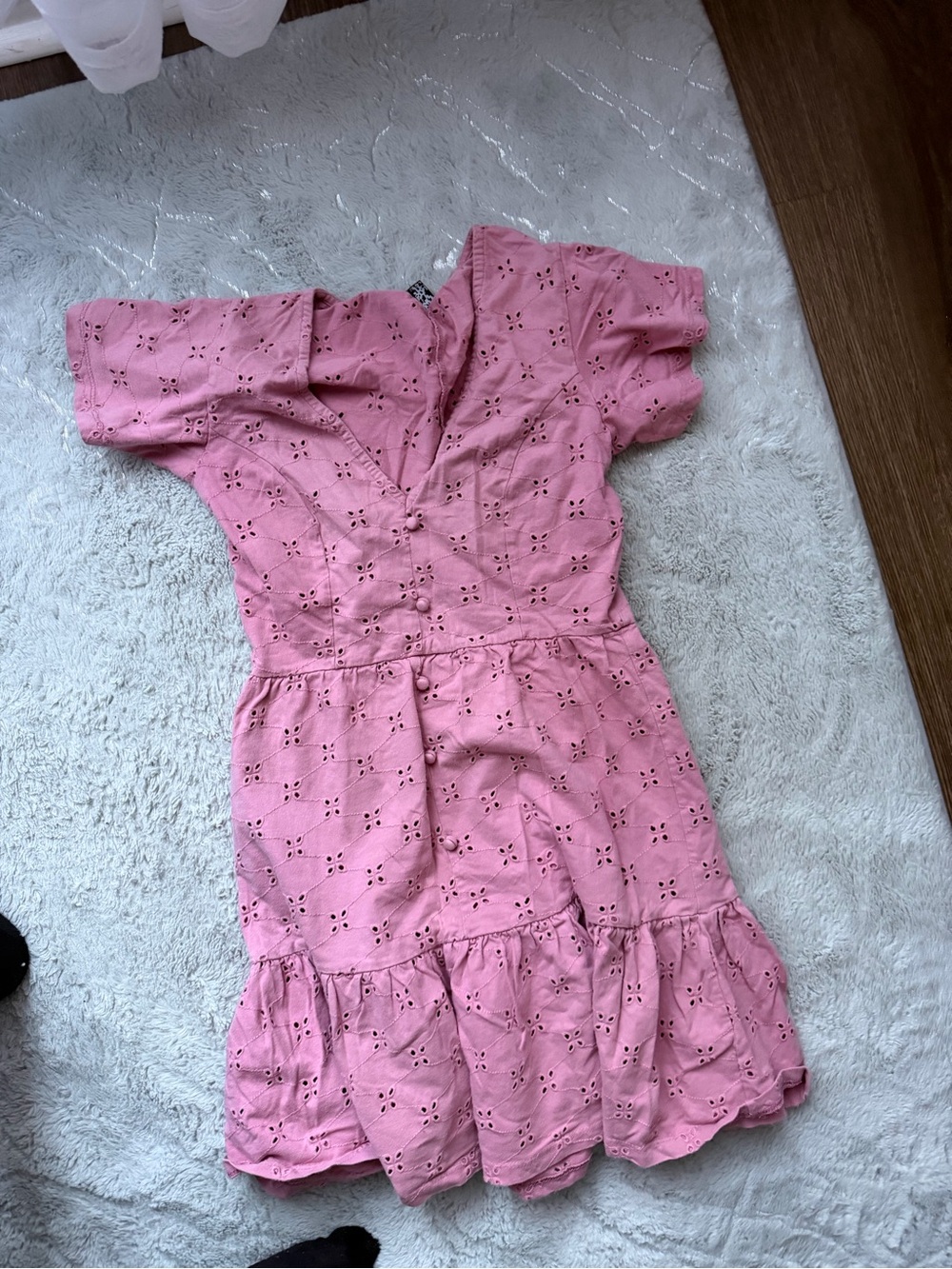 ASOS Pink Eyelet V‑Neck Ruffle Hem Casual Dress